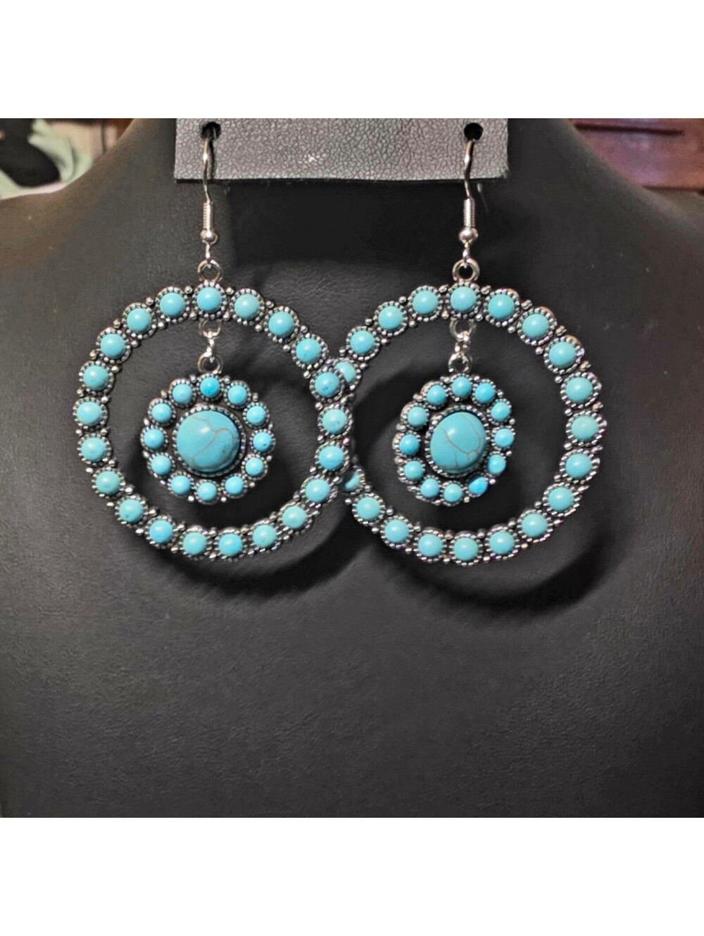 Turquoise Tone Concentric Circle Dangle Earrings